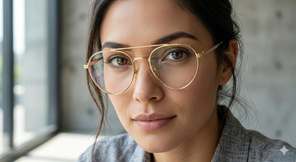 Stylish double bridge frames glasses for women in champagne gold