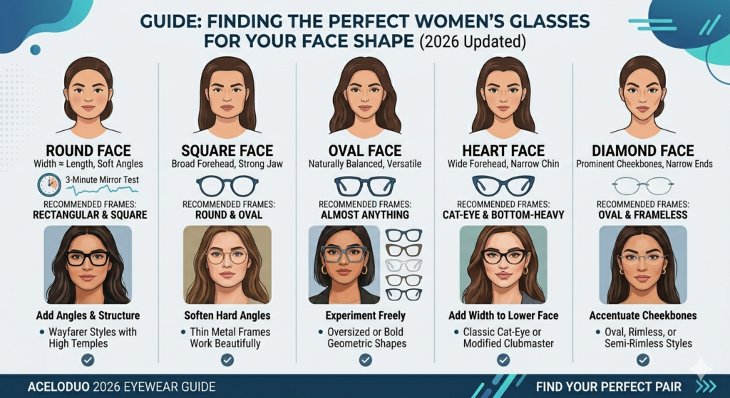 Infographic showing how to choose the right women's glasses for different face shapes.