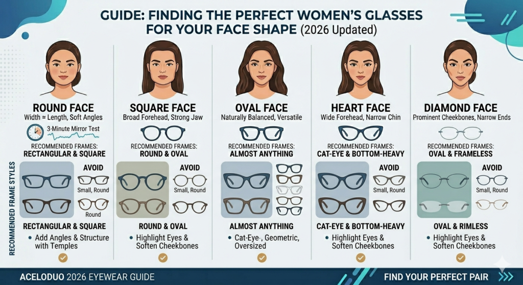 Infographic showing the best glasses frames for women based on face shape