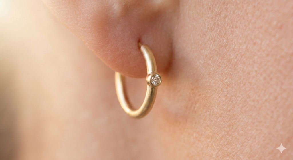 Close-up of a hypoallergenic 14k gold hoop earring on sensitive skin, illustrating skin-safe jewelry materials.