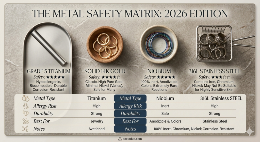 Comprehensive metal safety matrix for 2026, comparing titanium, gold, and niobium for hypoallergenic jewelry selection.