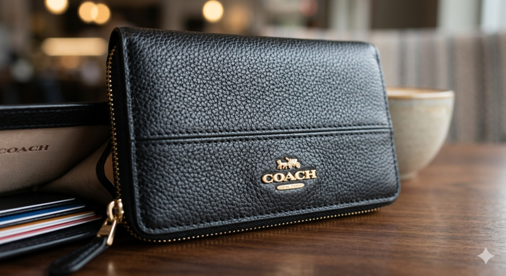 Close-up of a luxury women's coach wallet with high-quality leather textures.