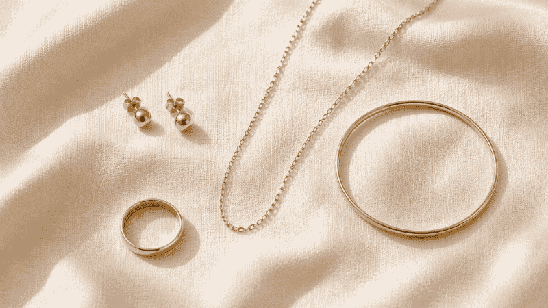 capsule jewelry wardrobe — gold stud earrings, delicate chain necklace, simple ring, and thin bangle starter collection
