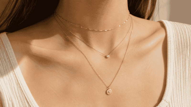 how to layer necklaces — three gold necklaces at different lengths worn together on collarbone