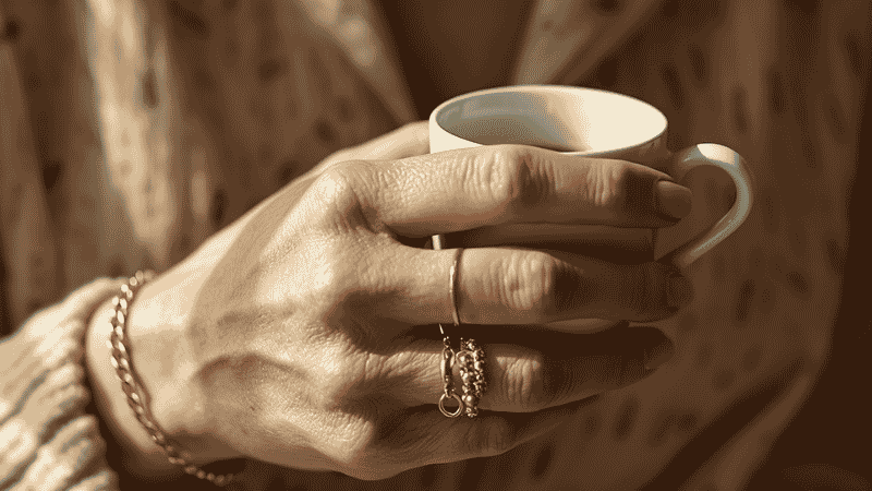 jewelry gifts for mom — elegant woman wearing delicate gold bracelet and ring with morning coffee