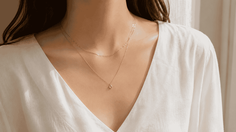 layering necklaces with a V-neck neckline — two gold chains following the V shape naturally
