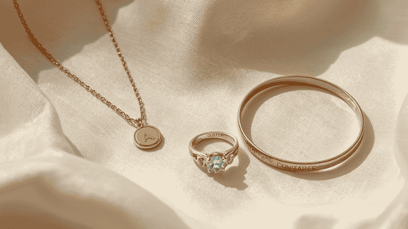 personalized jewelry gifts for mom — initial necklace, birthstone ring, and engraved bangle flat lay