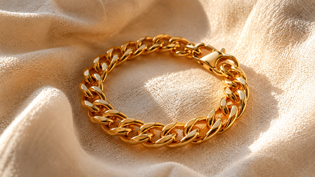 what is gold filled jewelry — thick gold filled chain bracelet with rich warm gold tone on cream linen