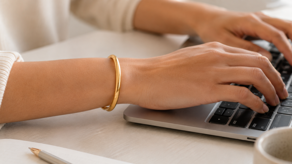 gold filled bracelet worn during everyday work — showing durability and lasting gold tone for daily wear