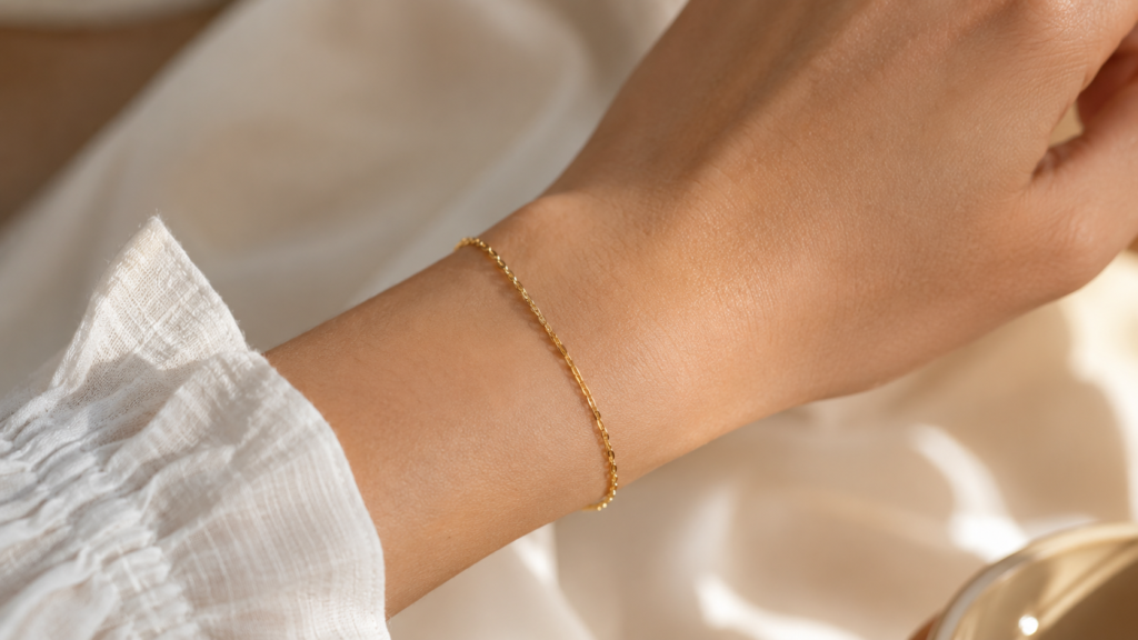 gold filled jewelry safe for sensitive skin — delicate gold chain bracelet worn with no irritation