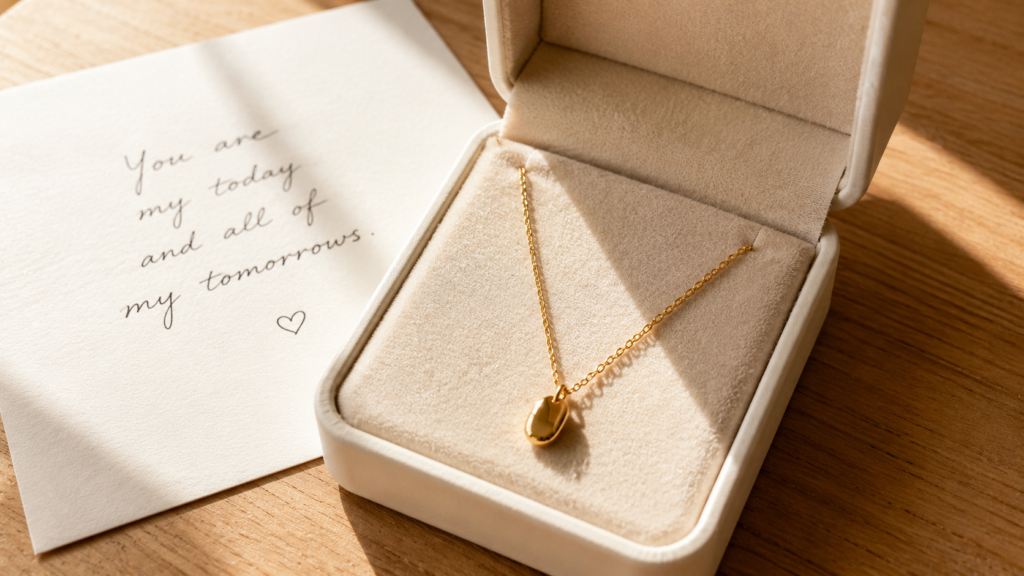 gold filled necklace as a meaningful jewelry gift — pendant necklace in cream velvet gift box with handwritten card