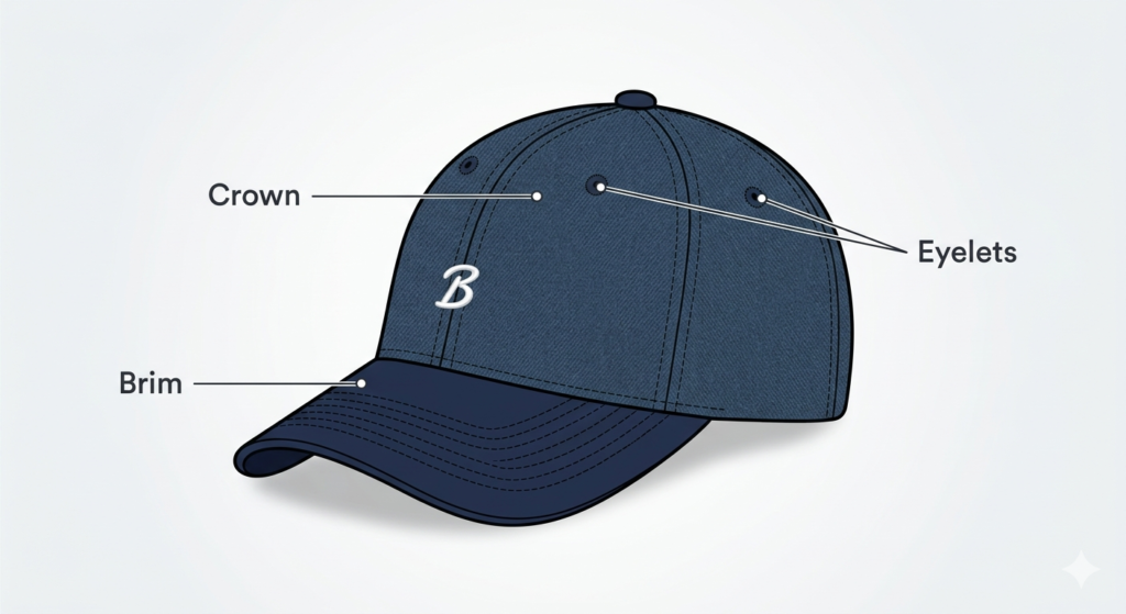 Diagram of a baseball cap anatomy showing crown, brim, and eyelets