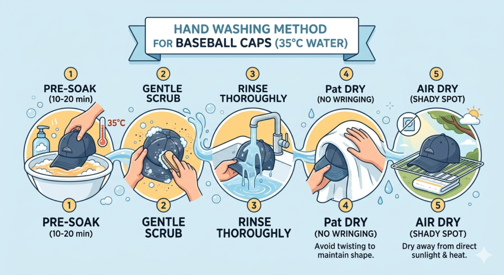 "Step-by-step hand washing method for baseball caps with 35 degree water"