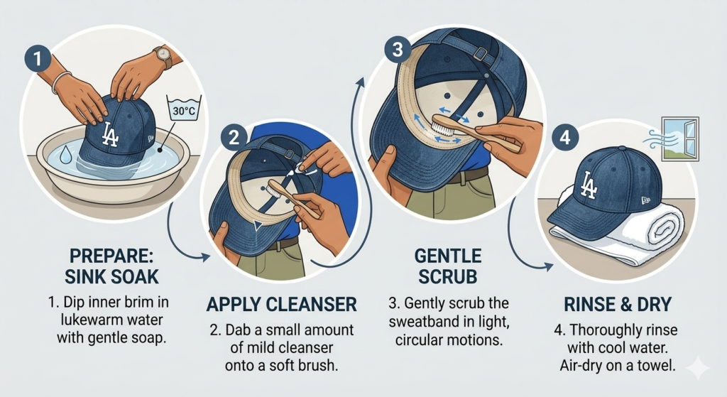 Tutorial on how to wash a baseball cap safely by hand.