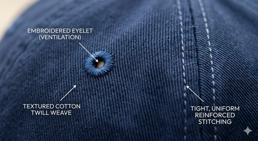Close-up of high-quality cotton fabric and eyelets on baseball caps for men.