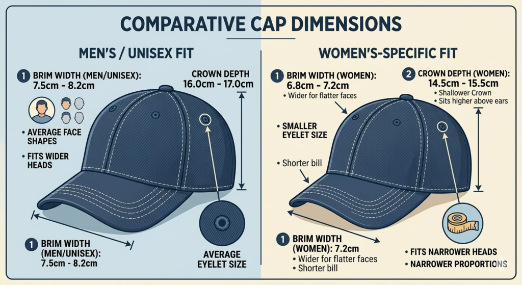 Infographic comparing standard unisex fit vs dedicated women's baseball caps proportions.