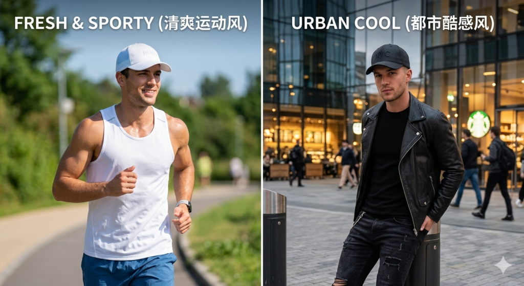 Comparison of styling white baseball caps for men vs black baseball caps for men.