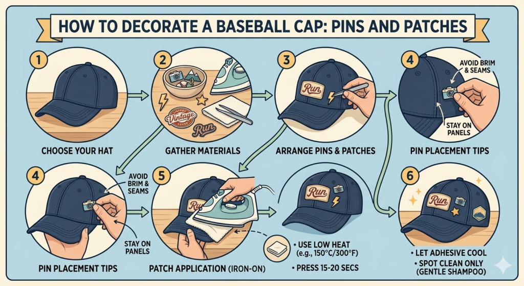 Step-by-step guide on how to decorate baseball cap for men.
