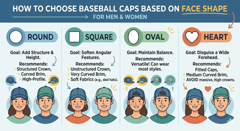 "Infographic showing how to choose baseball caps for men and women based on face shape"