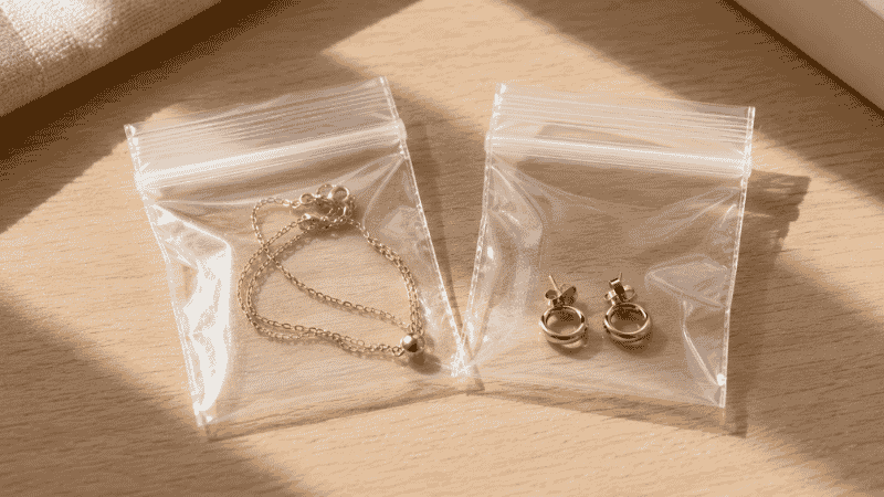 storing jewelry in airtight zip-lock bags to prevent tarnishing — gold necklace and earrings sealed separately