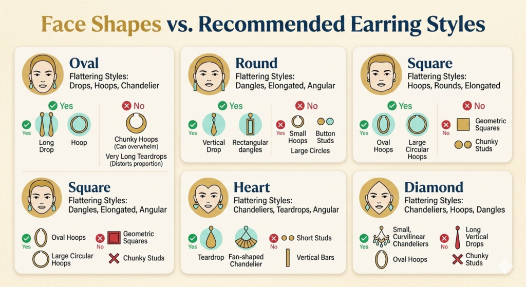 Infographic showing recommended earring styles like drops and hoops for different face shapes including round, square, and heart.