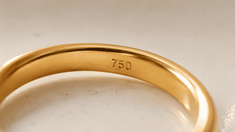 gold jewelry hallmark stamp 750 meaning 18k real gold — close-up of ring band marking