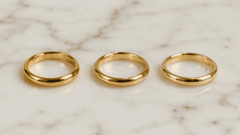 gold karat comparison — 10k 14k and 18k gold rings showing subtle color tone differences side by side