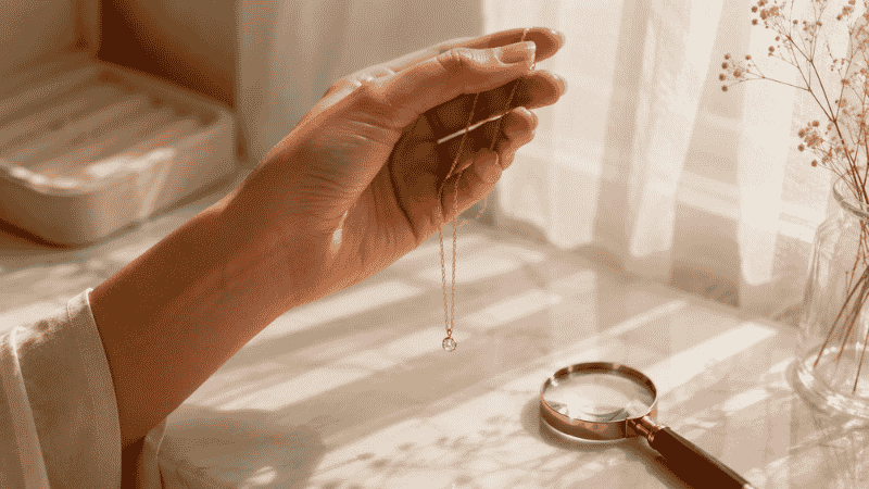 how to tell if jewelry is real gold — woman examining gold necklace with magnifying glass in natural light