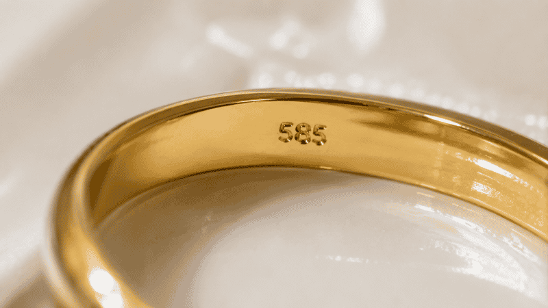 jewelry hallmark stamp 585 meaning 14k gold — close-up macro of ring band marking