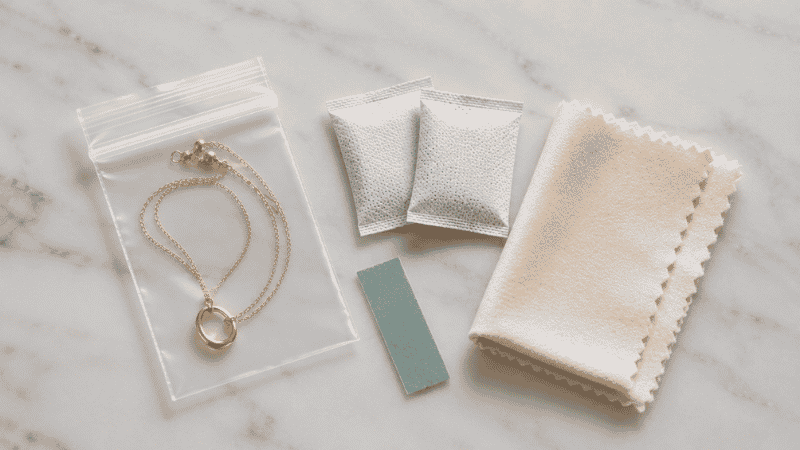 jewelry tarnish prevention tools flat lay — zip-lock bag, silica gel packets, anti-tarnish strip, and microfiber cloth
