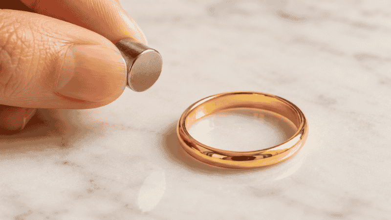 magnet test for real gold jewelry — neodymium magnet held near gold ring showing no magnetic attraction