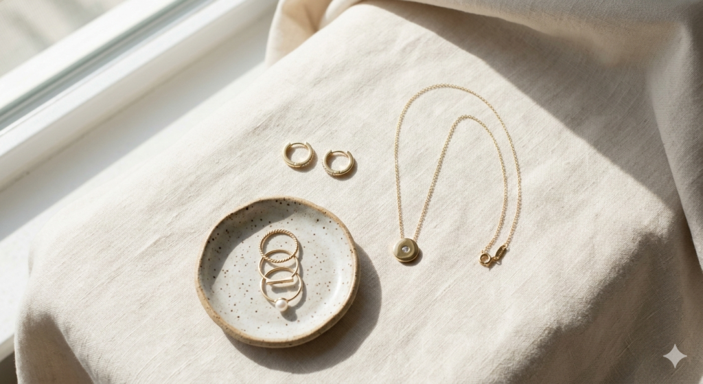 Flat-lay of a minimalist jewelry capsule including gold hoops, a dainty necklace, and stacked rings on a neutral background.