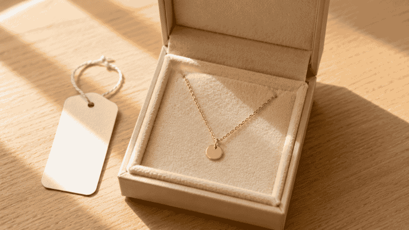 minimalist jewelry as a gift — delicate thin gold chain necklace in cream velvet gift box with white gift tag