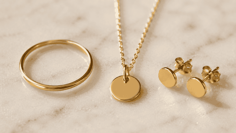minimalist jewelry quality detail — gold filled ring, gold vermeil disc pendant, and tiny stud earrings close-up
