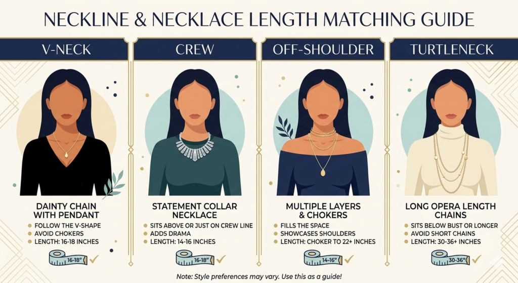 An infographic chart showing the best necklace lengths for V-neck, Crew neck, Off-shoulder, and Turtleneck tops.