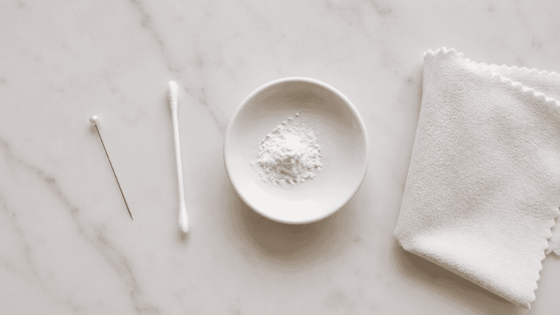 tools for untangling a necklace — straight pin, baby powder, cotton swab, and microfiber cloth flat lay