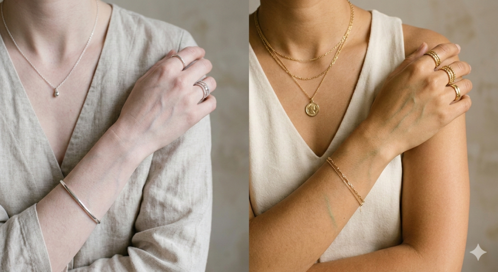 A side-by-side comparison of silver jewelry on cool-toned skin vs gold jewelry on warm-toned skin for undertone testing.