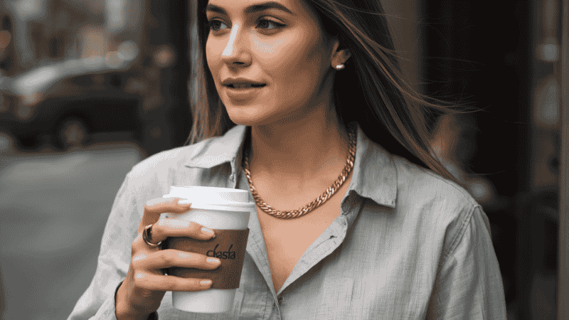 Close-up of a liquid-smooth gold herringbone necklace styled with an unbuttoned beige linen shirt, demonstrating a polished "clean girl" aesthetic for casual weekend wear