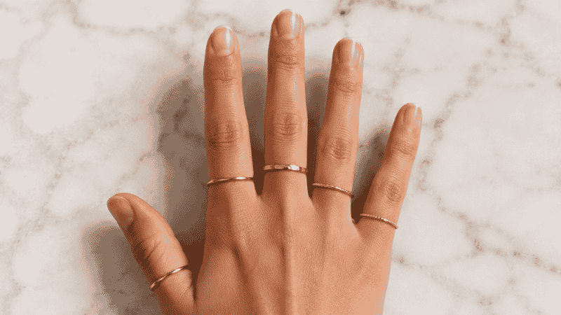 ring placement guide — one gold ring on each of five fingers showing thumb index middle ring and pinky finger positions