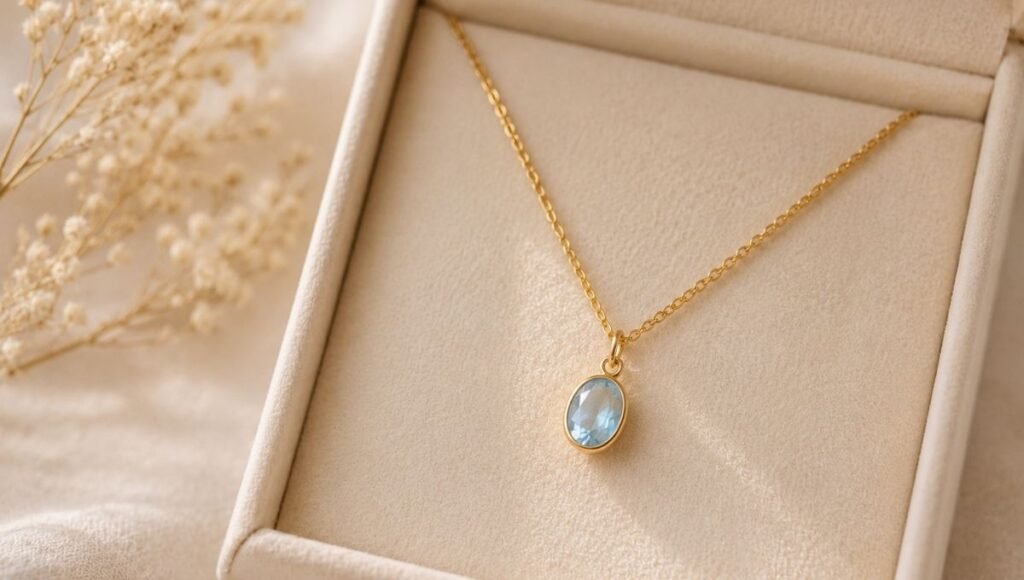 birthstone graduation gift — delicate gold necklace with pale blue aquamarine pendant in cream velvet jewelry gift box