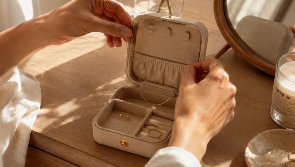 building everyday jewelry collection incrementally — adding new gold necklace to jewelry box with existing studs and ring