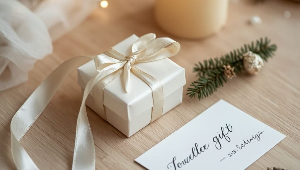 Christmas jewelry gift box presentation — small cream box with ivory ribbon handwritten card and pine sprig in warm light