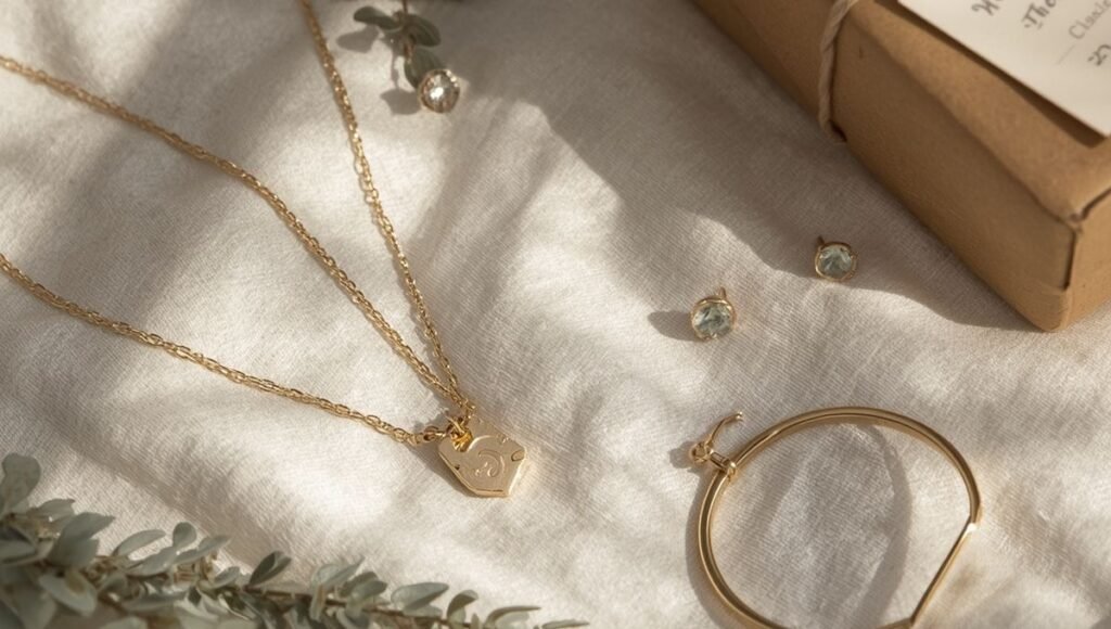 Christmas jewelry gift ideas flat lay — gold initial necklace birthstone studs and chain bracelet with eucalyptus sprigs