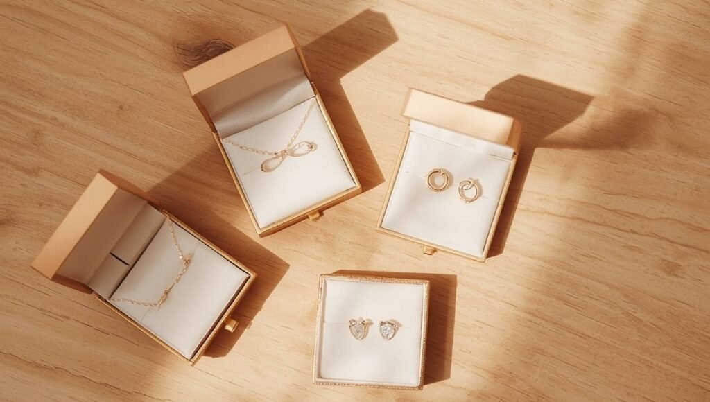 Christmas jewelry gifts by relationship — four open gift boxes with gold necklace hoops bangle and birthstone pendant