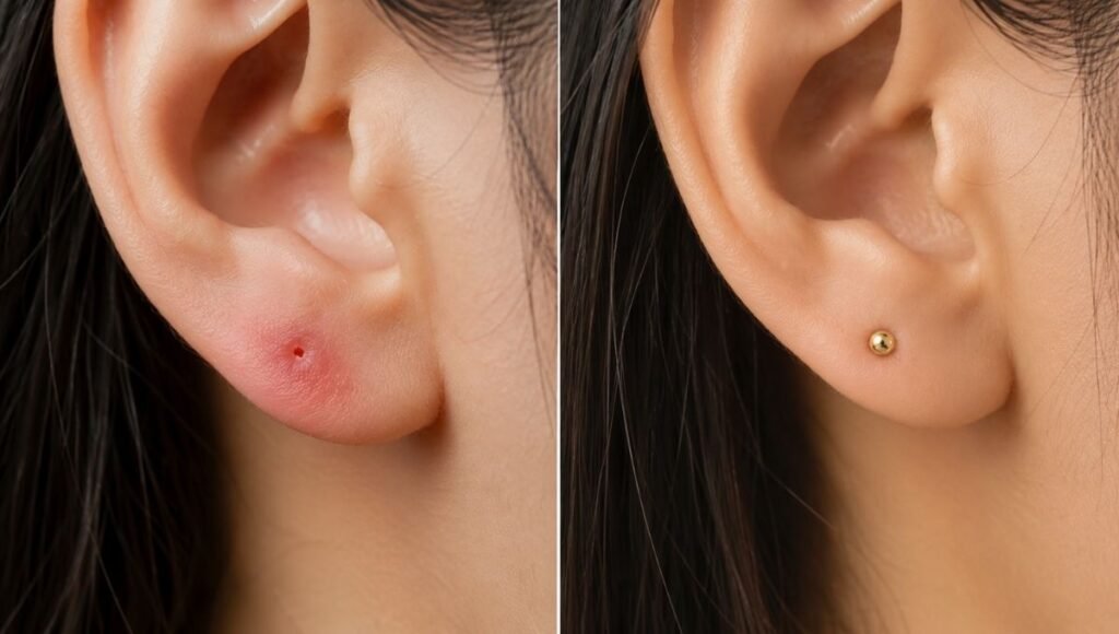earring allergy reaction comparison — irritated red earlobe from metal allergy next to healthy clear earlobe wearing safe gold stud