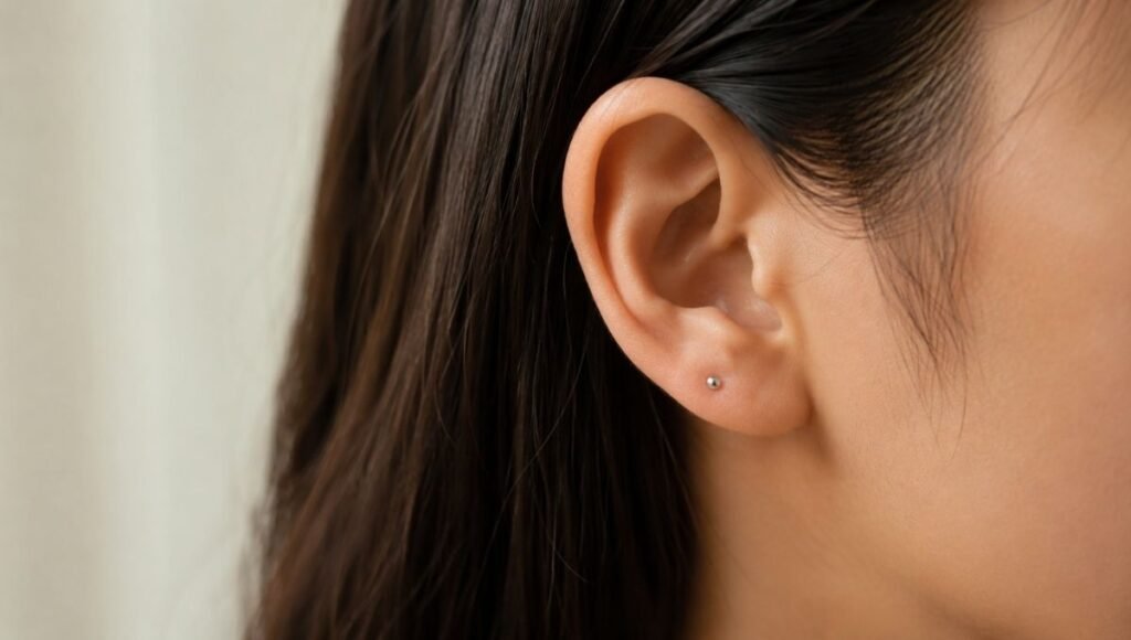 earrings for sensitive ears — small titanium stud earring on healthy clear earlobe with no irritation