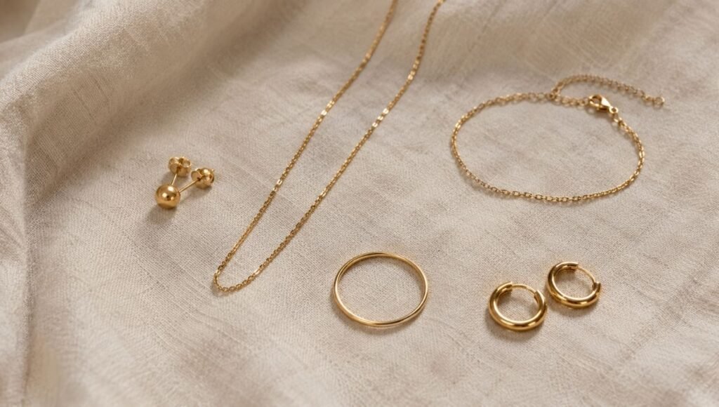 everyday jewelry five essentials flat lay — gold stud earrings thin chain necklace plain ring slim bracelet and small hoops on cream linen