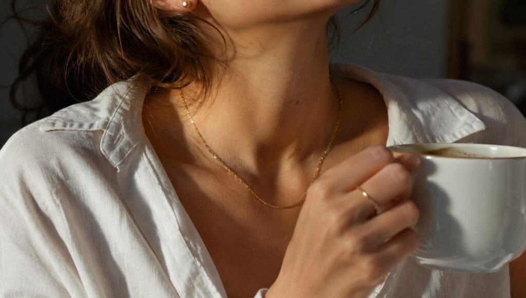 everyday jewelry guide — woman wearing delicate gold chain necklace small stud earrings and thin ring with morning coffee