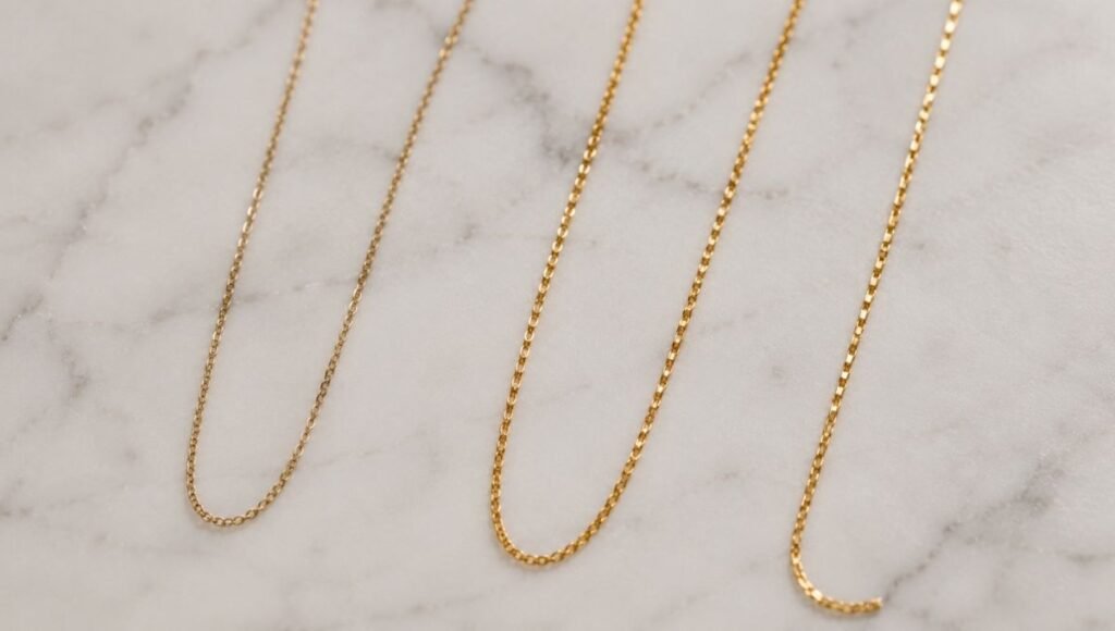 everyday jewelry materials comparison — gold plated gold vermeil and gold filled necklace chains showing durability and tone differences