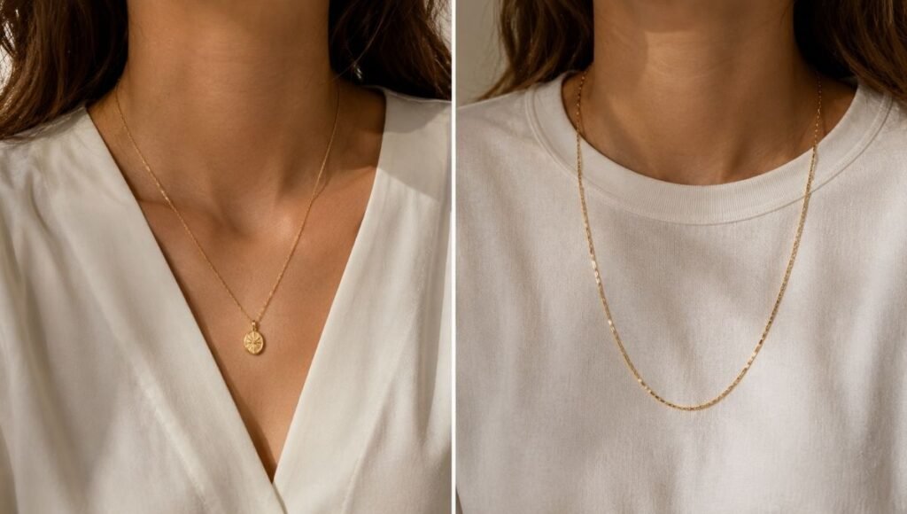 everyday necklace length guide — 18 inch pendant necklace with V-neck top versus 22 inch chain with crew neck top